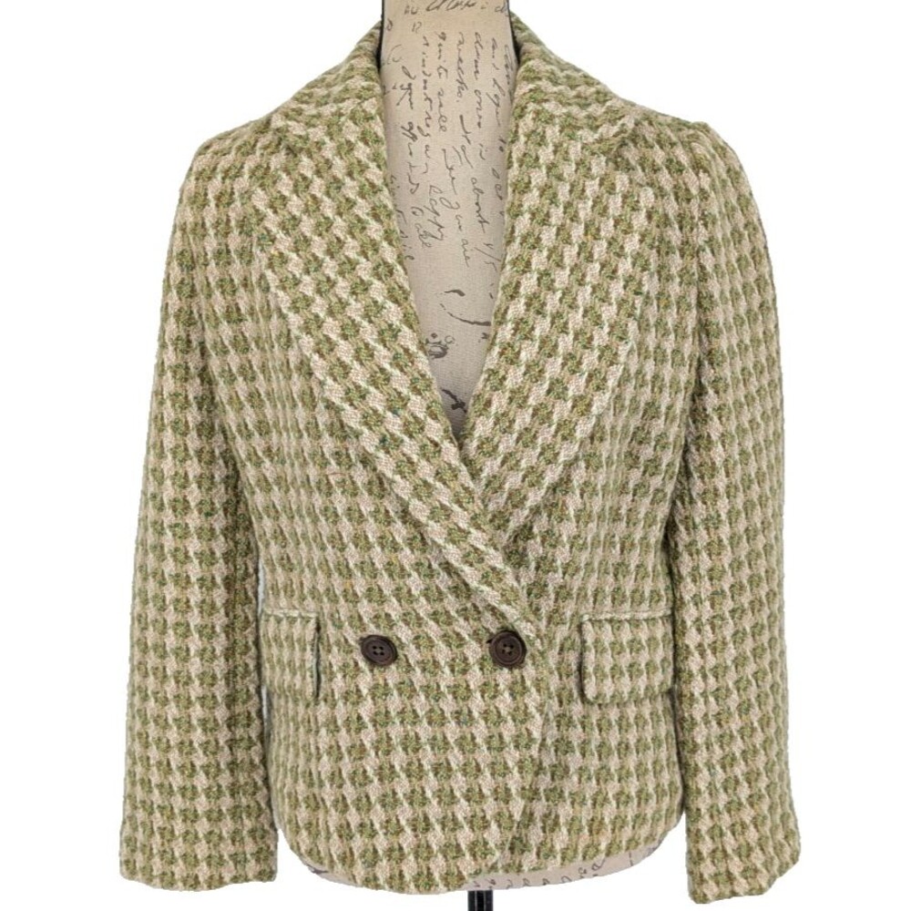 BANANA REPUBLIC Blazer Womens Small Wool Blend Green Cream Check Y2K Preppy